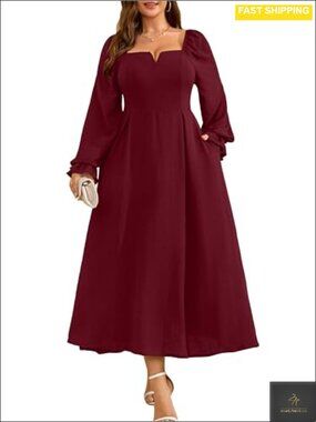 Plus Size Long Sleeve Maxi Dress V-Neck Ruffle Smocked Formal Wedding Guest